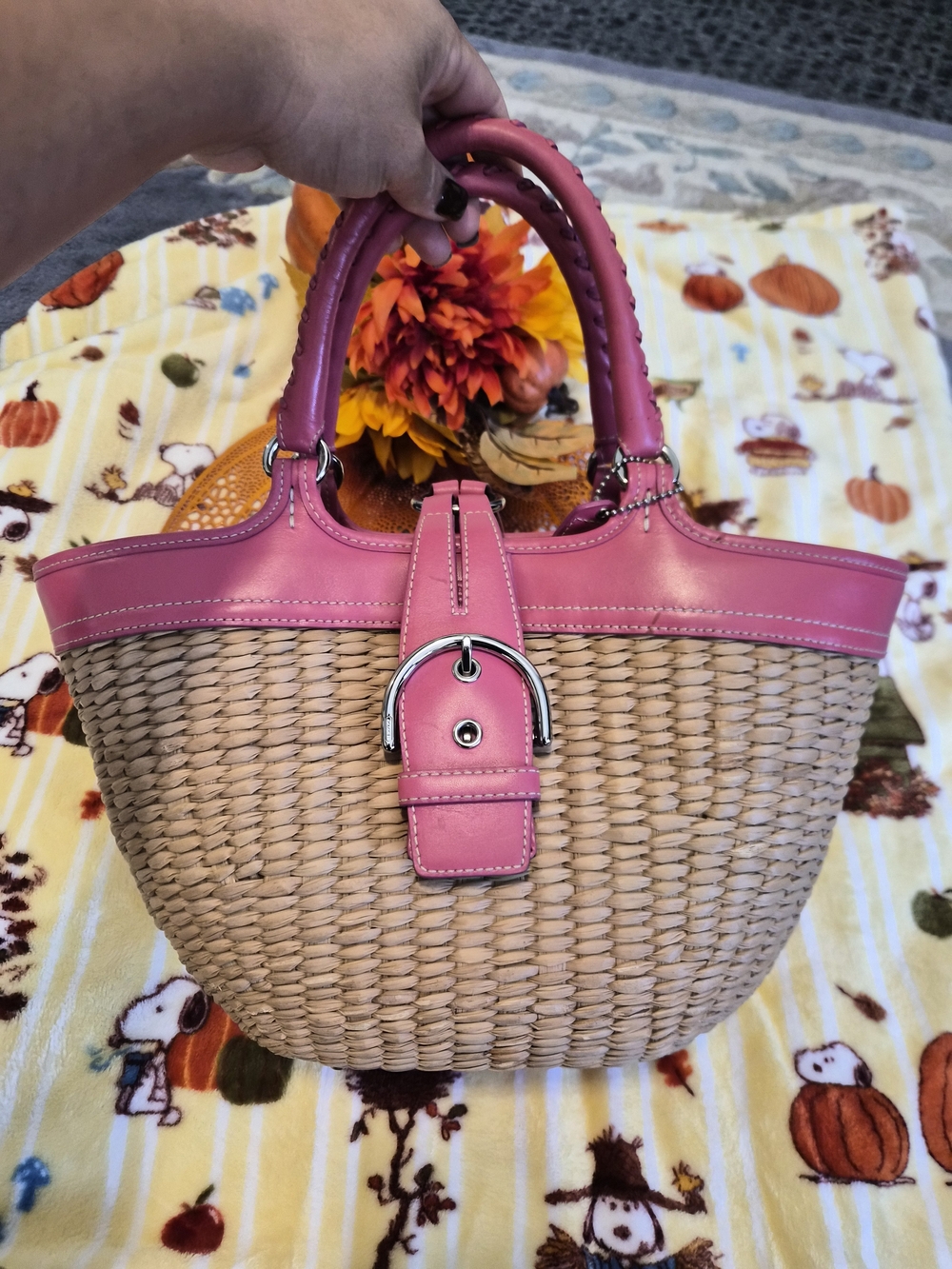 Woven Straw Tote with Pink Trim